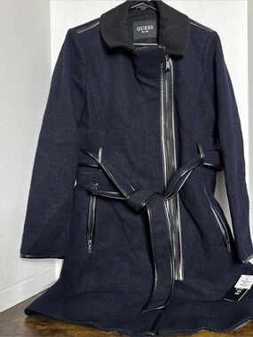 NEW  Guess  Wool Blend Dark Navy Black Full Zipper Trench Coat Belted Waist XL